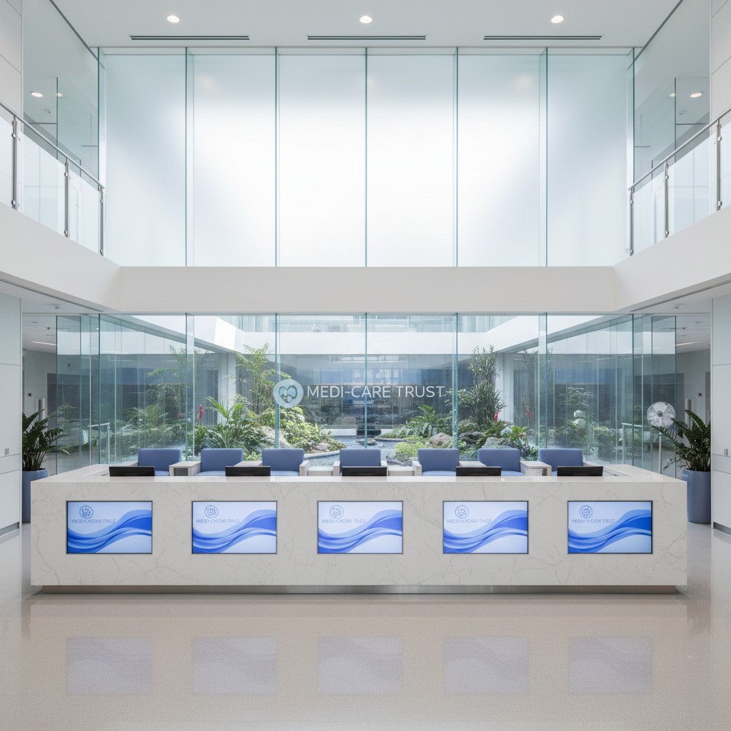 A long office room with a glass reception desk and a garden in the background, featuring blue chairs and a sign that reads...